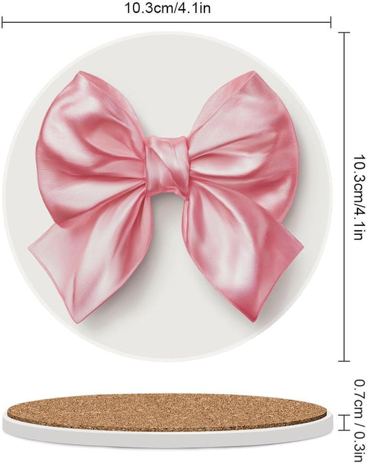 Elegant Pink Coquette Bow on White Coasters Set of 4 Absorbent Coasters