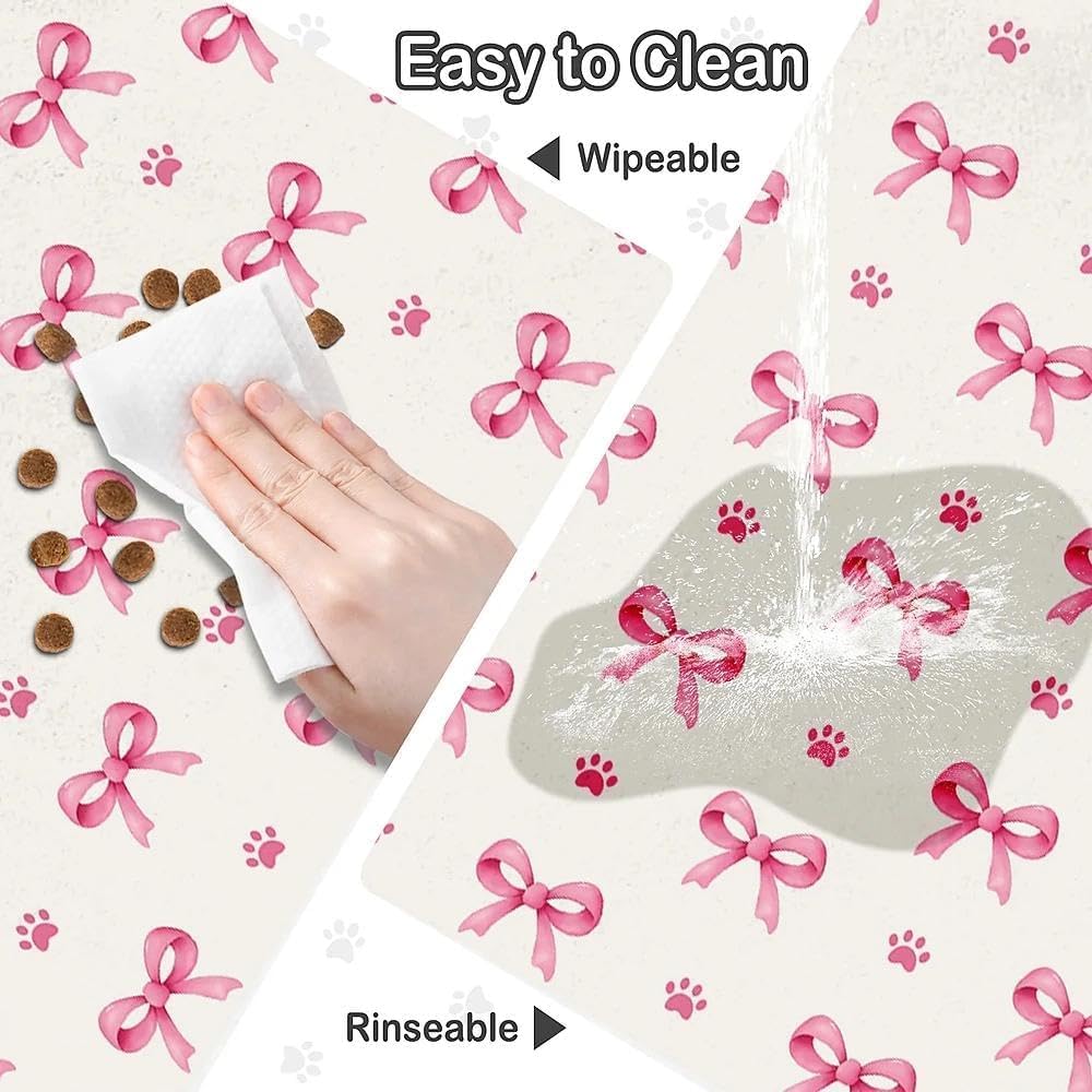 Pink Bow Dog Food Mat for Pet Cat Food Mat, Paws Absorbent Quick Dry Dog Bowl Mats for Food and Water, Non-Slip Cat Pet Feeding Mats for Floor Placemats 12"x20"