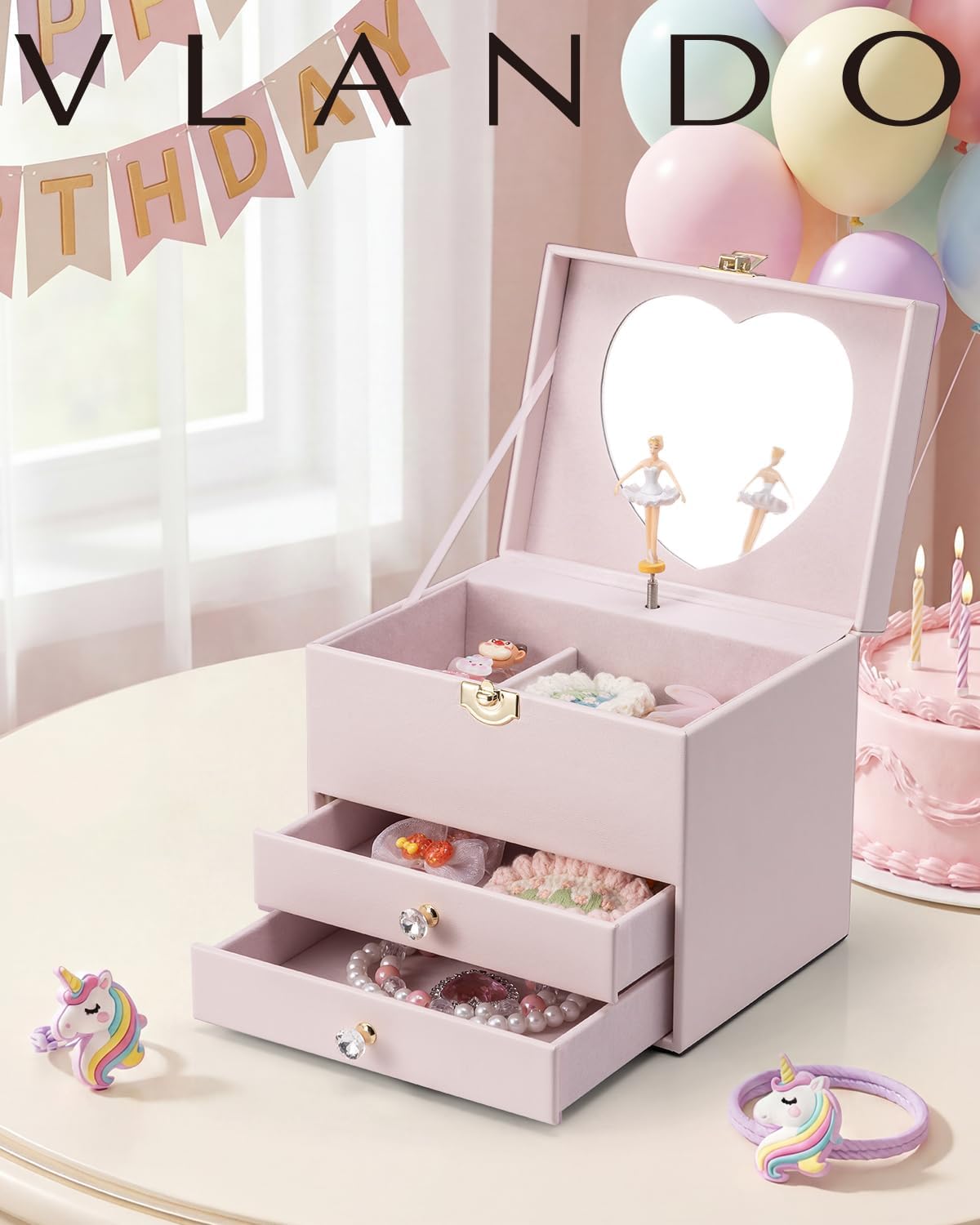 VLANDO Musical Jewelry Box for Girls - Birthday Day Gifts for Daughter Kids - Dance Girls for Ages 4 5 6 7 8-12 Year Old - Kid Music Box with Ballerina for Bedroom Decor - Light Pink