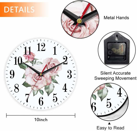 Mxocom Pink Rose Wall Clock Branch of Flowers Leaf and Buds 10 Inch Silent Non Ticking Battery Operated Clock Vintage Round Clock for Living Room Bedroom Bathroom Office Decor