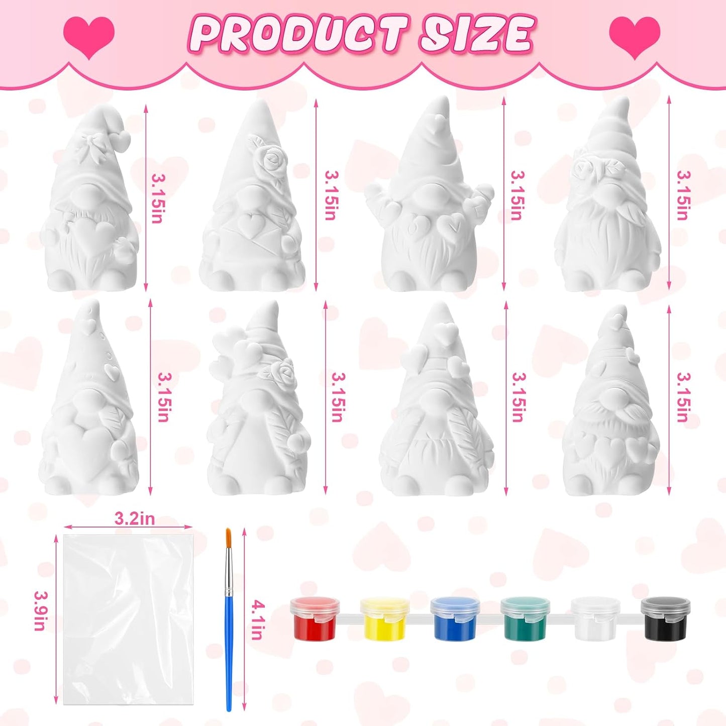 Foilswirl 8 Pcs Mother's Day Gnome Ceramics to Paint Pink Ready to Paint Your Own Ceramic Gnome Statues DIY Unpainted Ceramics Paintable Figurines Kit Crafts with Brush Palette