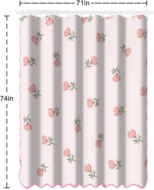 Floral Scalloped Shower Curtain with 12 Hooks 71x74Inches - Romantic Pink Roses Pattern, Waterproof Fabric Bath Curtain for Modern and Girly Bathrooms Decor