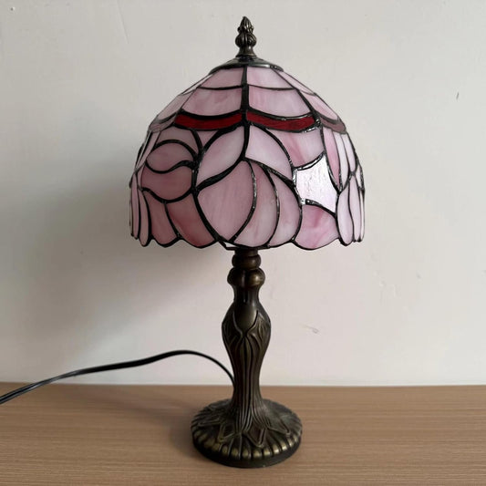Tiffany Style Pink Petals Small Table Lamp,3 Color-Temperature Bedside Lamp for Bedroom,Hand-Made Stained Glass Vintage End Table Lamps for Living Room, Nightstand Light+LED Bulb,8X8X15Inch