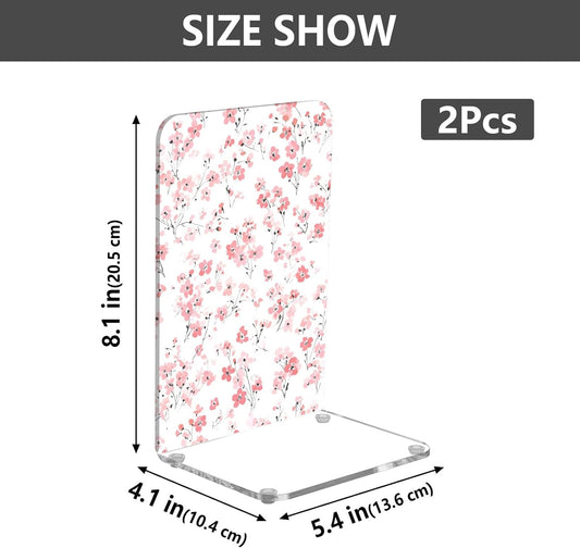 Light Pink Small Floral 3 Bookends Book Ends for Shelves Heavy Books Stopper Decorative Acrylic Non-Slip 1 Pair