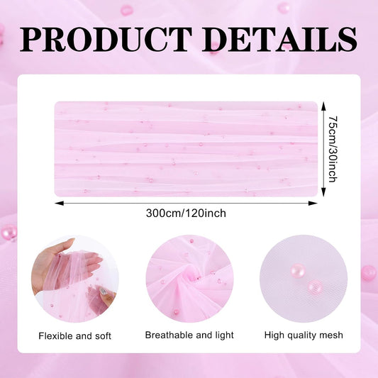 BINBE 4pcs Pearl Table Runner Spring Summer Rustic Boho 10ft Tulle Table Runner for Baby Shower Wedding Veil Holiday Dessert Table Decor Pink