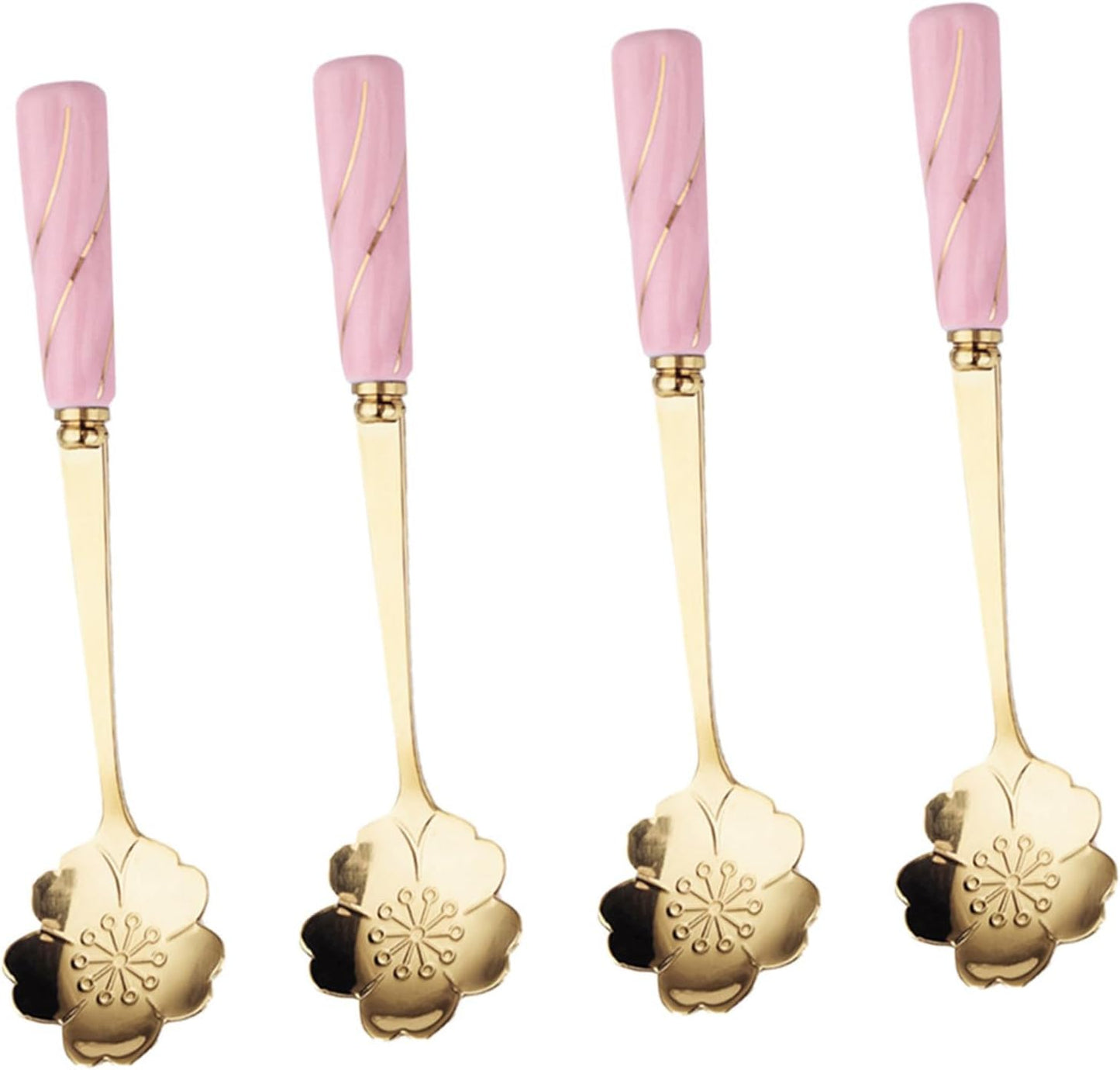 Ipetboom 4pcs Dessert Spoons with Ergonomic Ceramic Handles Multipurpose Flower Design Coffee and Cake Spoons for Household Kitchen Use Pink Gold Cherry Blossom