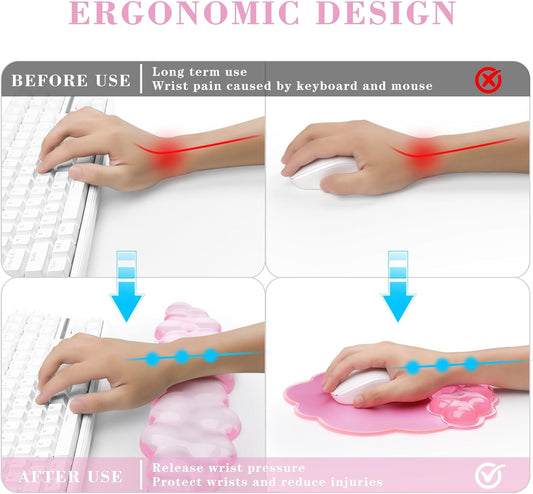 Gel Cloud Keyboard and Mouse Wrist Rest, Cute Wrist Support and Arm Support Rest for Typing Pain Relief,Suitable for Office/Computer/Laptop/Gaming Set-Pink