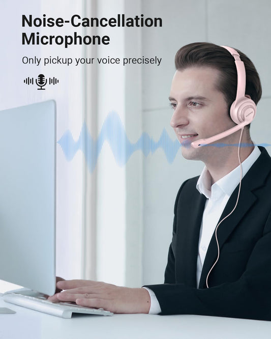 NUBWO HW02 USB Headset with Microphone Noise Cancelling &in-line Control, Ultra Comfort Computer Headphones for Laptop pc, On-Ear Wired Office Call Center Headset for Boom Skype Webinars (Pink)