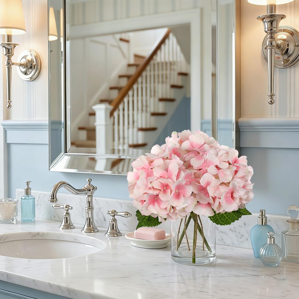 DILATATA Hydrangea Artificial Flowers with Glass Vase, Pink Real Touch Silk Hydrangea Arrangement with Faux Water, Small Faux Floral Centerpiece for Home Decor, Wedding, Bathroom, Shelf, Coffee Table