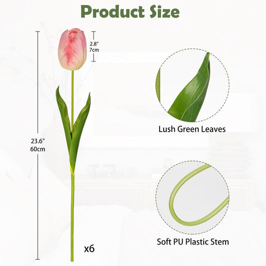 6PCS 23" Fake Tulip Flowers Artificial Pink Tulips Long Stem Faux Flower, Silk Flower Dรฉcor for Floral Arrangement Home Farmhouse Wedding Decoration
