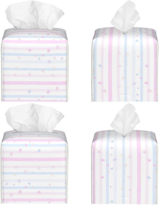 Pink Blue Geometric Stripes Pattern Tissue Box Cover Square PU Leather Waterproof Tissue Box Holder for Car Bathroom Bedroom Office Tabletop Decor