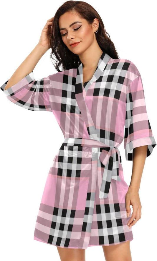 Black White Pink Checkered Plaid Womans Bathrobe Classic Womans V Neck Nightshirt for Home Beach