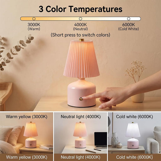 Small Cordless Table Lamp,Rechargeable Pleated Table Lamp, Touch Lamp with 3 Color Stepless Dimming, Cute Mushroom Bedside Lamp for Bedroom, Dining Room, Living Room (Pink)
