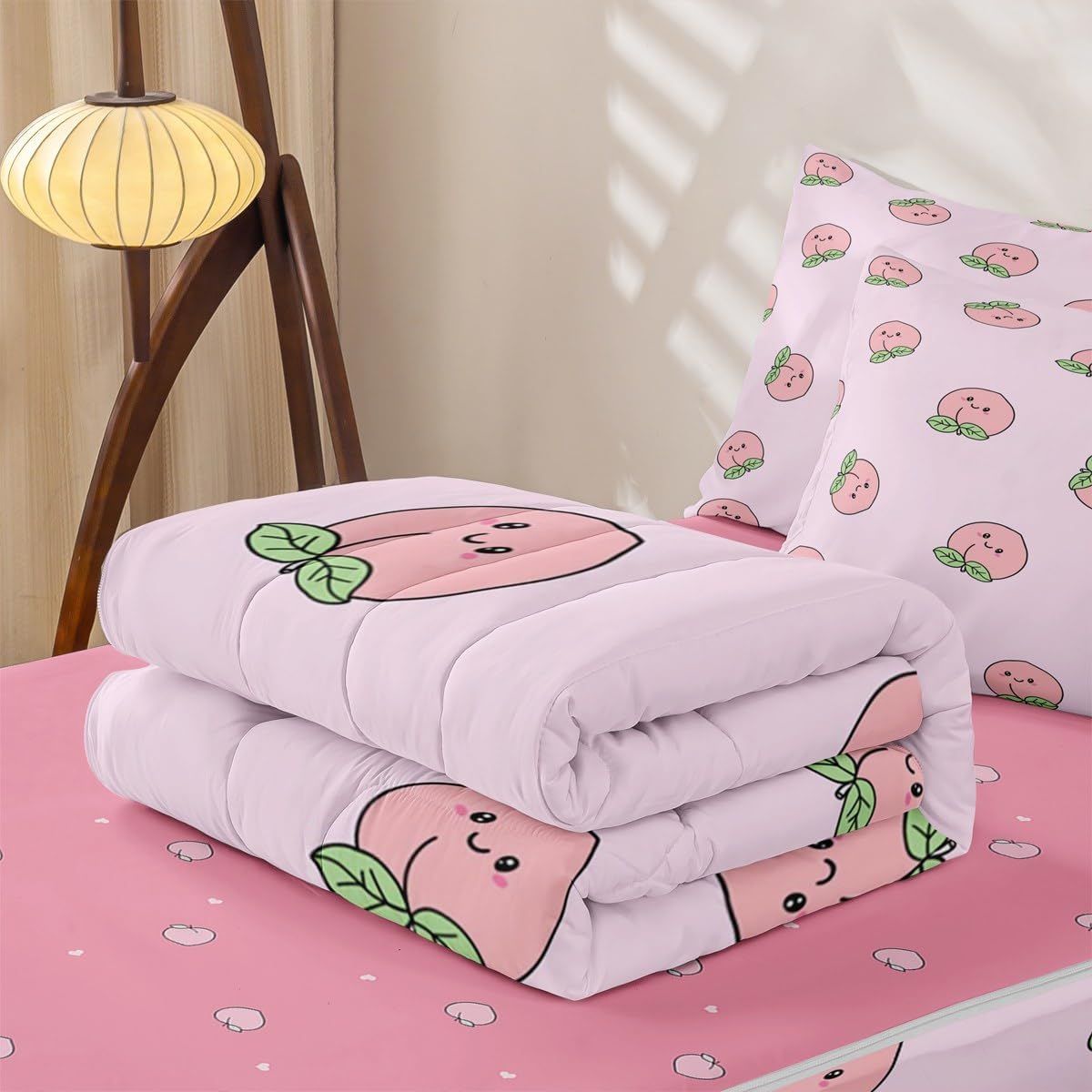 Erosebridal Pink Peach Zipper Bedding Set Twin Size Kids Kawaii Zippered Comforter Set Girl Lovely Cute Fruits Bed in a Bag Cartoon Fruit Food Comforter with Sheets
