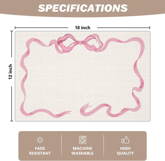 Pink Bow Linen Placemats Set of 4, Wedding Waterproof Washable Heat Resistant Place Mats 12x18 Inch, Table Mat for Restaurant Outdoor Indoor Home Kitchen Party Dining Decoration-10