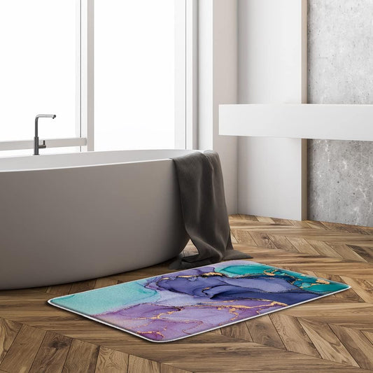 Sunhe Purple Pink Turquoise Marble Bath Mat Abstract Modern Texture Gold Stripes Ombre Luxury Watercolor Geometric Ink Art Print Microfiber Memory Foam Soft Doormat Kitchen Bathroom Mat/Rugs
