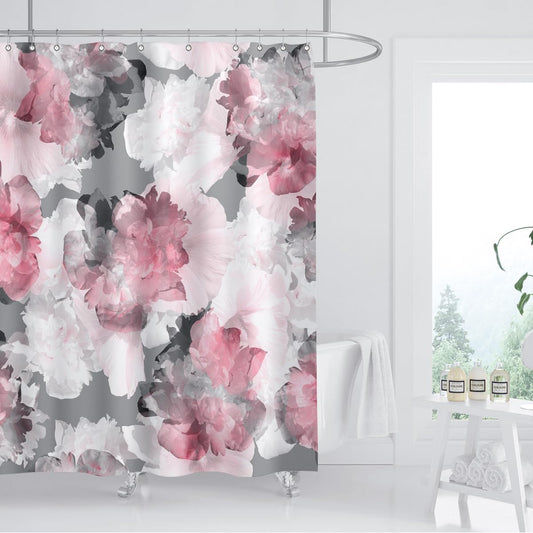 Pink Grey Flower Shower Curtain Watercolor Peony Floral Blooming Greyish Background Rustic Nature Abstract Art Décor Waterproof Fabric 72Lx60W Inch with Plastic Hooks