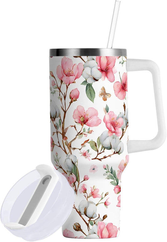 30 oz Peach Blossom Butterfly Pattern Tumbler with Handle and Straw Lid