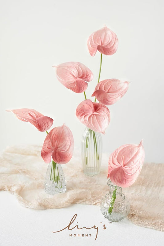 Ling's moment Artificial Anthurium Plants, 8pcs Shabby Blush Silk Filler Flower, Pink Faux Greenery Stems for DIY Wedding Bouquets Centerpieces Arrangements Bridal Shower Party Home Decorations
