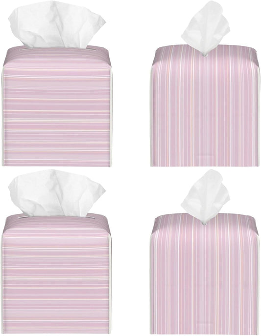 Pastel Light Pink Thin Stripes Pattern Tissue Box Cover Square Pu Leather Waterproof Tissue Box Holder for Car Bathroom Bedroom Office Tabletop Decor