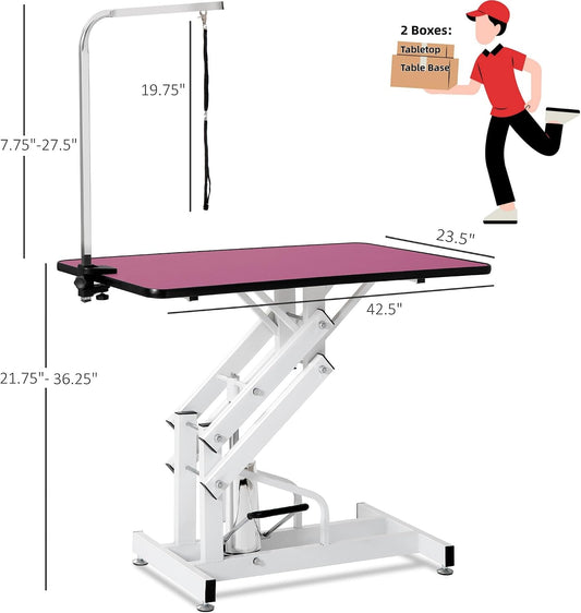 Hydraulic Dog Pet Grooming Table, 42 Inch Heavy Duty Professional Pet Grooming Station 21'' -36'' Height Adjustable for Small Medium Large Dog at Home with Clamps and Grooming Noose, Pink