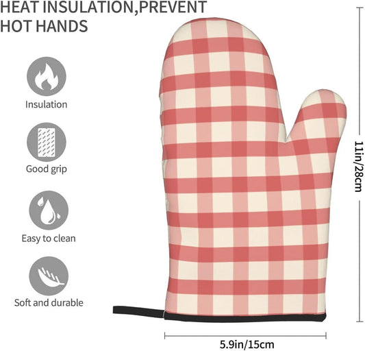 Retro Pink Gingham Print Oven Mitts for Women, Cute Kitchen aid Oven Mitts Heat Resistant with Cotton Lining