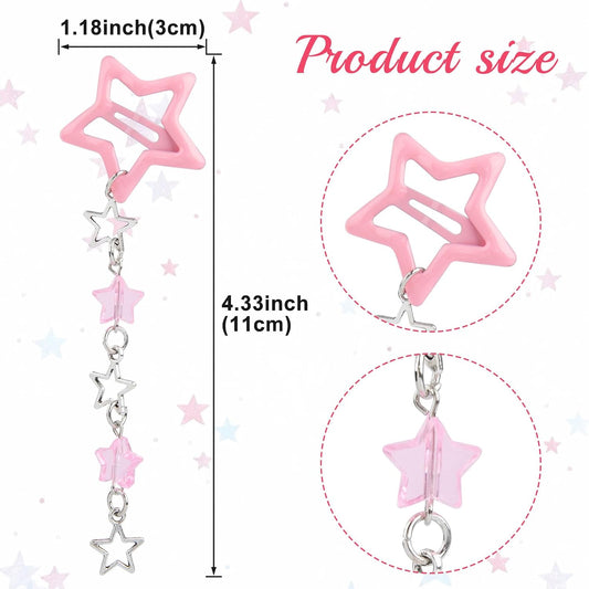 Pndeyo 2pcs Star Tassels Hair Clips for Women, Non-Slip 2000s Y2k Snap Barrettes, Cute Star Beaded Pendant Pin Accessories for Braid Long Short Thin Thick Hair - Pink