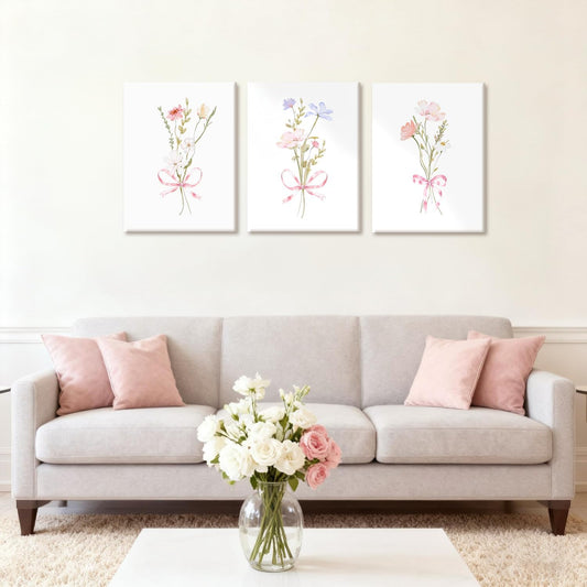 AUUAUU 3 Pcs Watercolor Flower Wall Art Pink Bow Floral Canvas Print Posters Prints Botanical Aesthetic Wall Decor for Living Room Bedroom Bathroom Nursery 12x16 Inches