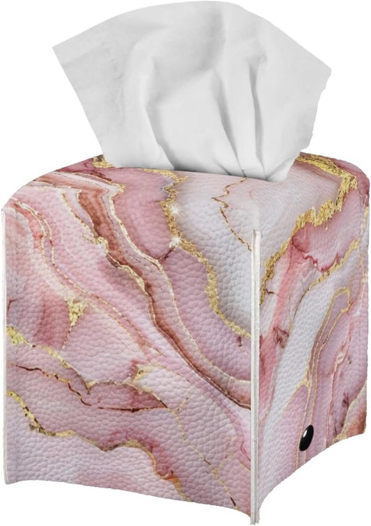 Jeiento Pink Marble Cute Tissue Box Cover Modern Tissue Case Facial Paper Organizers Dispenser 5.1x5.5Inch PU Tissue Boxes for Desk Decor