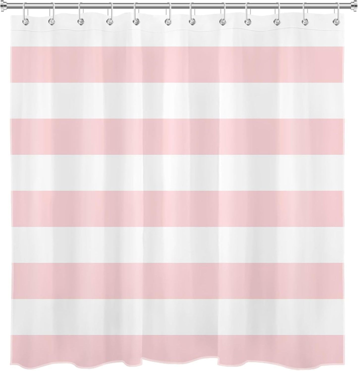 LB Pink Striped Shower Curtain Pink and White Bathroom Decor - Polyester Fabric 72x72 Inch with 12 Hooks, Modern Minimalist Stripe Bathroom Curtain Design for Bathtub/Shower