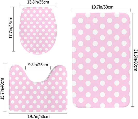 Bathroom Rugs Sets 3 Piece - Light Pink Polka Dot Print B Absorbent Non Slip Washable Bath Mats, U-Shape Toilet Lid Cover, Contour Mat, Soft Shower Mats Bath Rug Mat for Bathroom Tub Toilet
