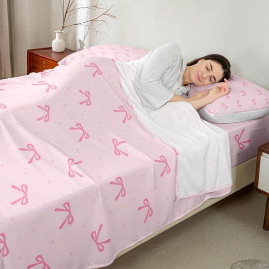 Castle Fairy Pink Bow Full Size Fitted Sheet,Cute Dots Polyester Bed Sheet for Kids Girls,Minimalist Style Soft Deep Pocket Bedding with 2 Pillowcases,Peach Color