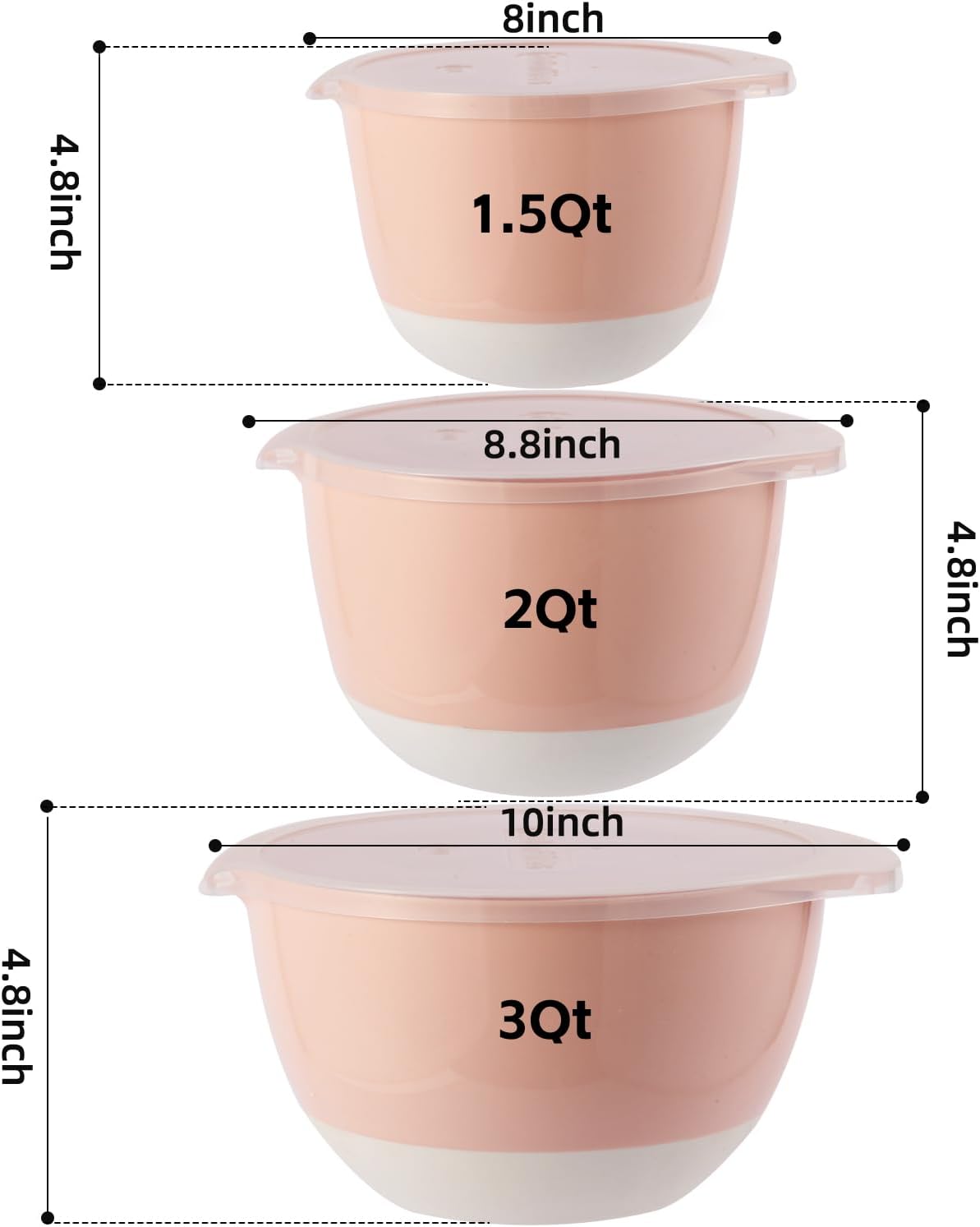 3 Mixing Bowls Set with Lids,Grips,Pour Spout and TPR Bottom, Plastic Nesting Bowl Use for Kitchen Cooking-Prep,Serving,Baking Bread Cake,Pancake,Non-slip,Dishwasher Safe,3Qt,2Qt,1.5Qt,Pink