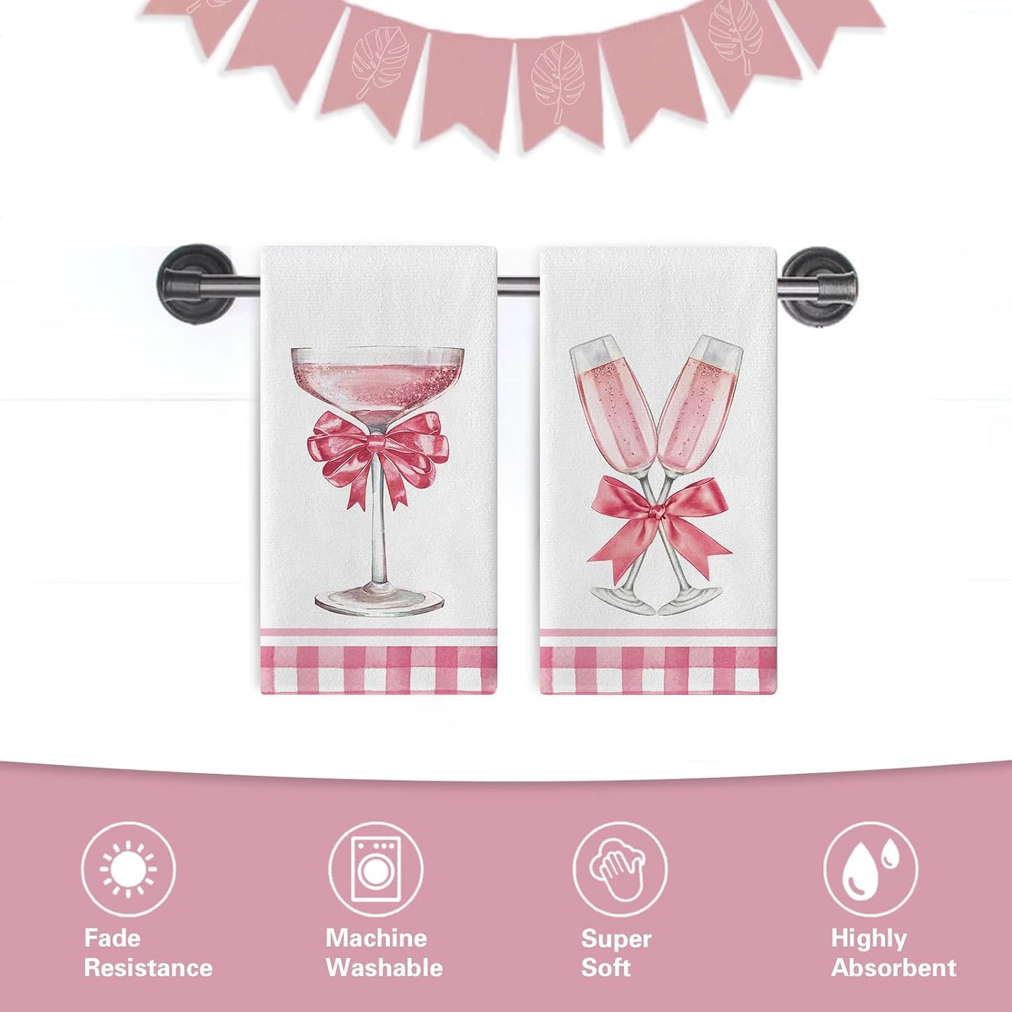 Pink Champagne Kitchen Dish Towels Set of 2, Romantic Coquette Bow Glass Girly Drying Hand Towel Baking Cooking Cloth, Plaid Farmhouse Bathroom Home Decoration Gift for Girl Women 18'' x 26''
