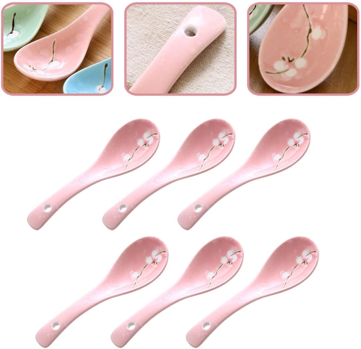 6pcs Japanese Ceramic Porridge Spoons Set Snowflake Pattern Pink Kitchen Utensils for Home Dining and Restaurant Use