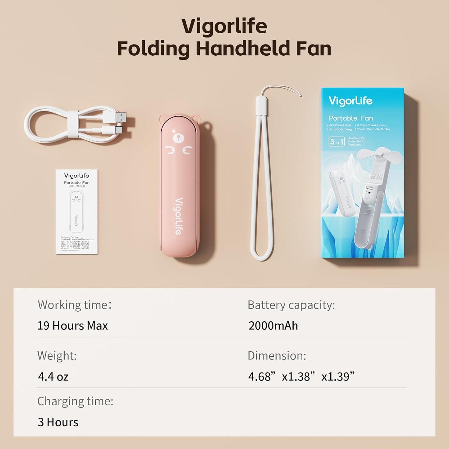 Portable Fan Mini Handheld Fan, Cute Pocket Personal Fan, USB Rechargeable Travel Fan with Power Bank & LED Flashlight, Foldable Small Cooling Fan for Beach, Summer Essentials,Summer Gift for Her