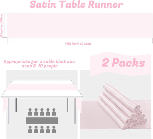 2 Pack Light Pink Table Runners 12 x 108 Inch, Rectangular Smooth Satin Silk Table Runner for Wedding, Banquet, Birthday Party Decoration
