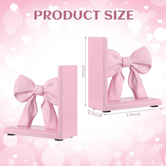 Threehoney 2 Pieces Pink Bow Bookends Cute Book Ends for Shelves Decorative Book Stand Bow Sculpture Statues Tabletop Shelf Ornament Room Decor for Home Office School Dorm Girl Desk
