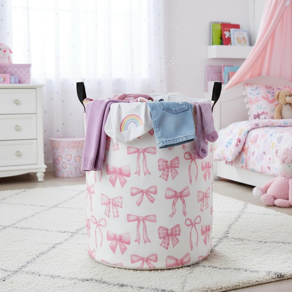 Baby Laundry Hamper Basket Baby Hamper for Nursery Boy and Girl Cute Kids Toys Storage Bin Organizer Boho Room Decor(Pink Bowknot)