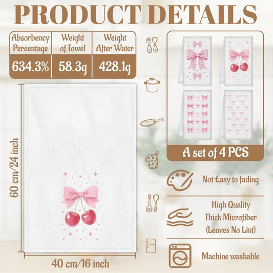 WADORN 4Pcs Cute Bow Cherry Kitchen Towels, Pink Coquette Decorative Dish Towels 24 x 16 Inch Microfiber Absorbent Soft Hand Tea Dishcloth for Cooking Baking Bathroom Holiday Housewarming Gifts