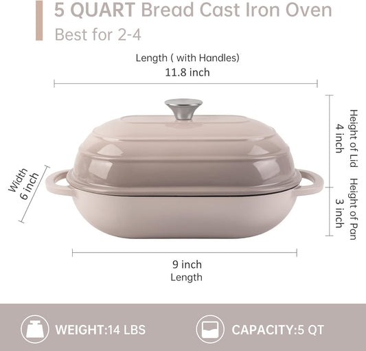 Premium Enameled Cast Iron Dutch Oven for Bread Baking | Non-Stick 2QT Oval Bread Oven with Lid | Perfect for Sourdough, Loaf, and Artisan Baking (Gradient Pink, 5 QT)
