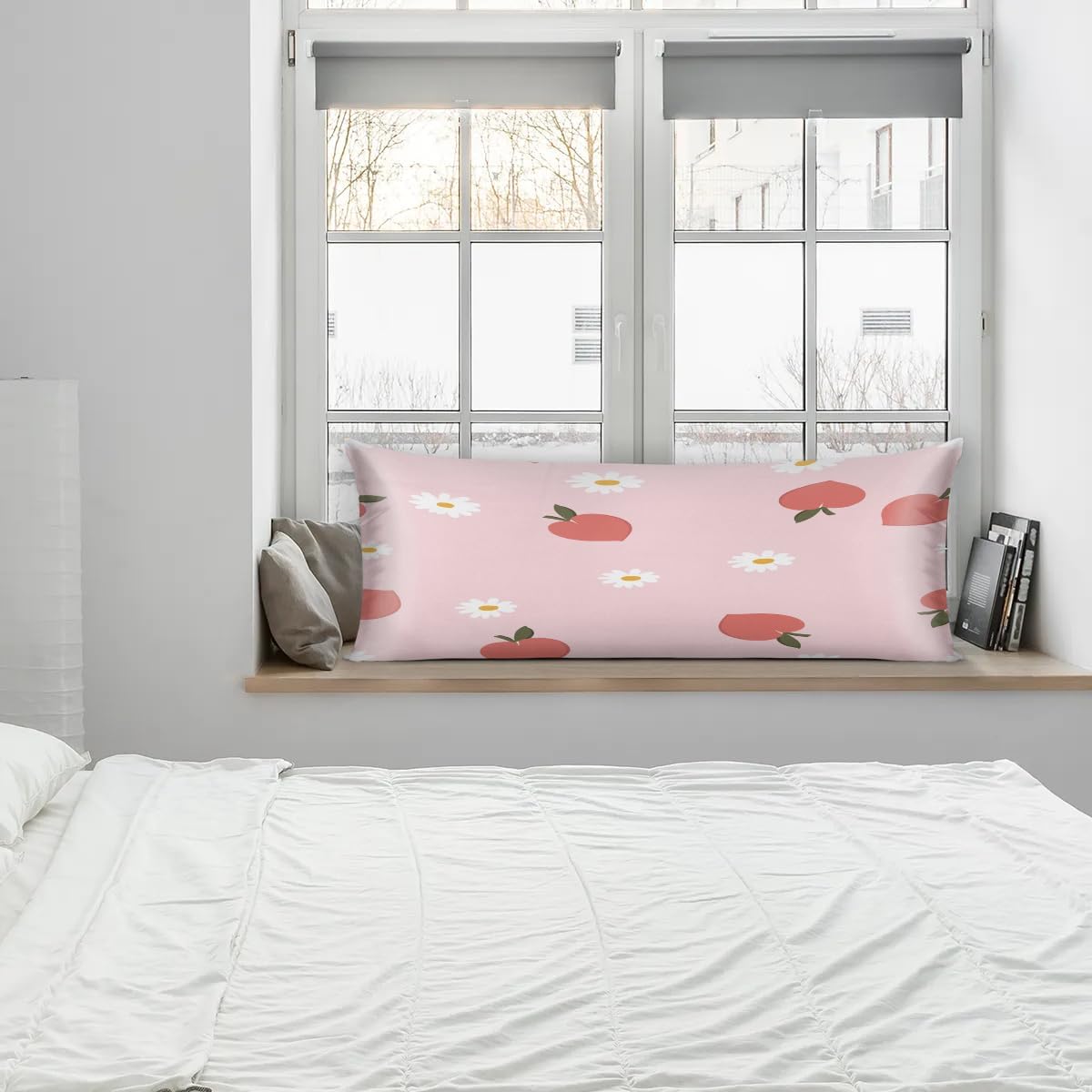 Peach Flower Pink Long Satin Pillowcase with Zipper 21X54 inches Silk Body Pillow Cover for Hair Skin Soft King Pillow Cases Cool Square Throw Pillowcases for Couch Bed Love Gifts