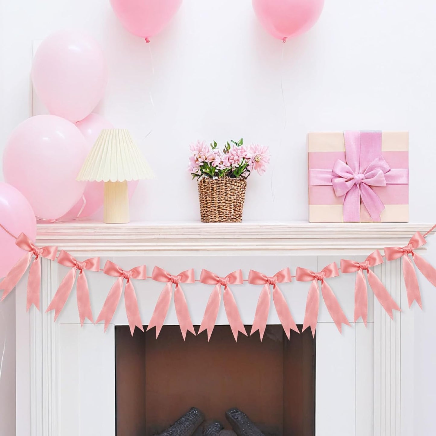 Bow Garland Ribbon Bow Banner for Coquette Birthday Decortions Girls Baby Shower Bow Party Decor (Peach Pink)