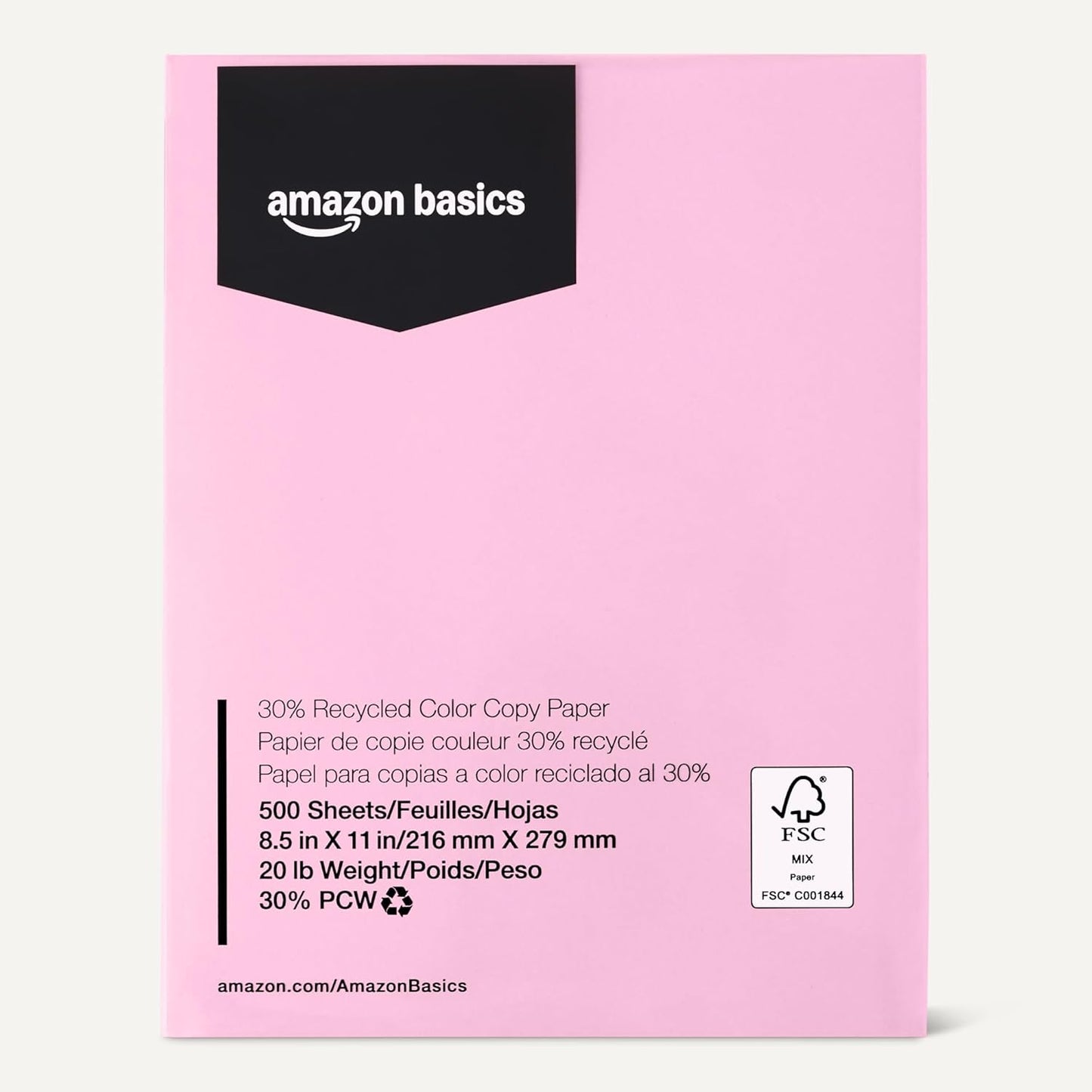 Amazon Basics 30% Recycled Color Copy Paper, 8.5" x 11", 20lb, Pastel Pink, 500 Sheets