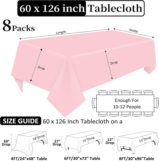 8 Pack Pink Tablecloth 60 x 126 Inch Rectangular for 8 Foot Rectangle Tables, Wrinkle Resistant Pink Table Cloth Washable Polyester Fabric for Holiday Buffet Wedding Party Banquet