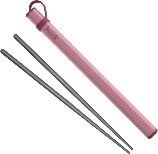 Kuvik Titanium Chopsticks with Flamingo Pink Carrying Case - Ultralight and Reusable
