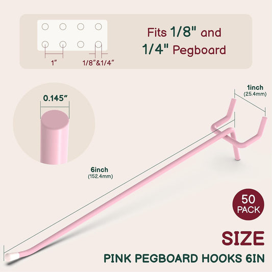 50-Pack Pink Pegboard Hooks 6 Inch - Fits 1/8 and 1/4 Inch Boards | Decorative Metal Peg Board Hangers with Rubber Safety Tips - Heavy Duty Organizer for Craft Room, Garage & Retail Display