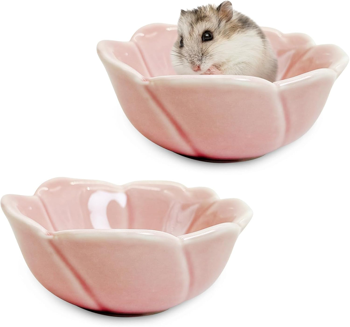 BNOSDM 2 Pcs Hamster Ceramic Food Bowl Flower Series Gerbil Drinking Bowls Anti-Turning Food & Water Dish for Dwarf Syrian Hamsters Gerbil (Pink, Rose Pattern, 3.74“ x3.74“ x1.77“)