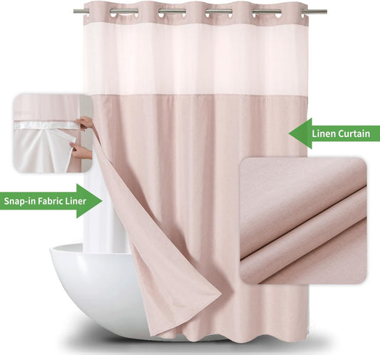eachope Long No Hooks Needed Linen Textured Shower Curtain with Snap-in Fabric Liner Set,Blush Hotel Luxury Decor Shower Curtains for Bathroom,Waterproof & Washable,71Wx80H