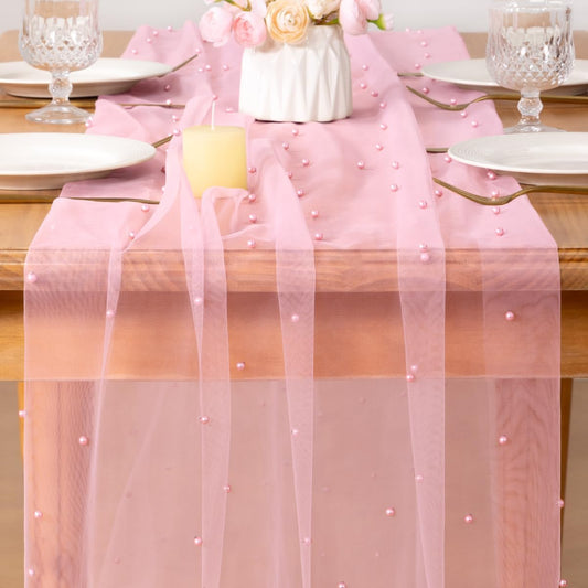 MLMC Pink Pearl Table Runner Boho Rustic Tulle Table Runner with Pearls 10ft 29"x120" Cheesecloth Table Decor for Wedding Anniversary Baby Shower Home Decoration